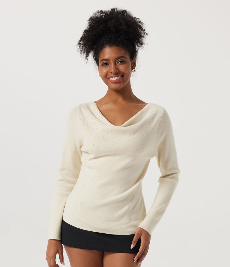 Cowl Neck Long Sleeve Rhinestone Embellished Casual Sweater