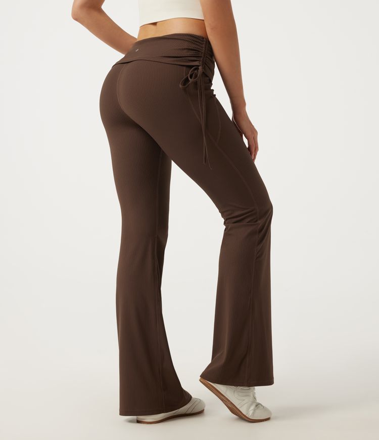 Flamewood Brown Ribbed Knit Low Rise Bootcut Lace Up Ruched Yoga Pants with Pockets / 2