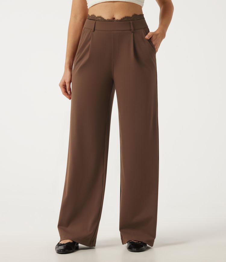 Pantalon de bureau droit Halara Flex™ taille haute avec dentelle contrastée et poches