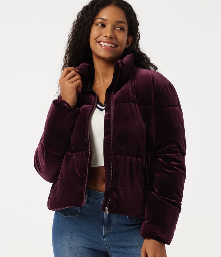 Mock Neck Long Sleeve Velvet Casual Padded Jacket with Pockets