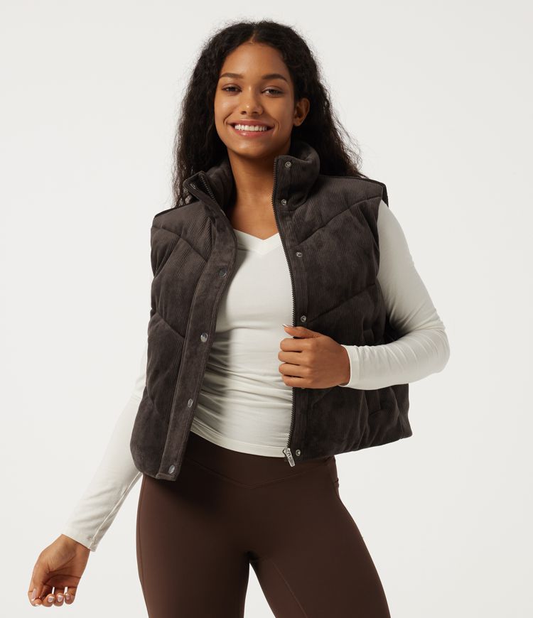 Ribbed Knit High Neck Fleece Corduroy Casual Padded Vest with Pockets