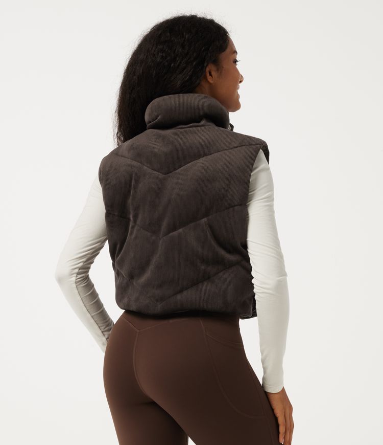 Seal Brown Ribbed Knit High Neck Fleece Corduroy Casual Padded Vest with Pockets / 2