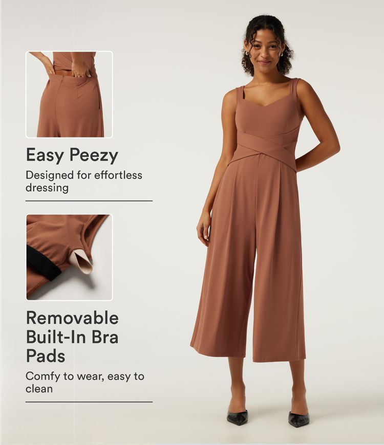 Ärmelloser Jumpsuit mit V-Ausschnitt, geradem Bein und Crossover-Front, mit integriertem BH und Taschen - Easy Peezy Edition