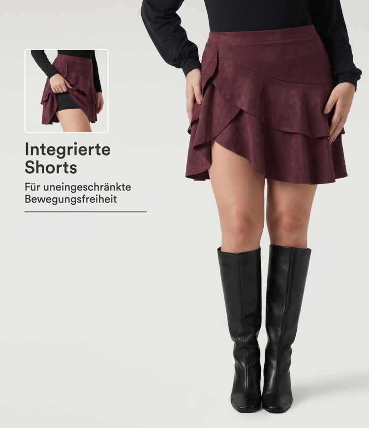 Lässiger 2-in-1 Minirock aus Wildleder  mit hohem Bund, Seitentasche und gestuftem Rüschensaum - Plus Size