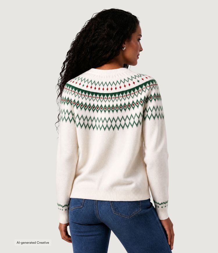 Ivory Green Fair Isle Round Neck Long Sleeve Casual Sweater / 2