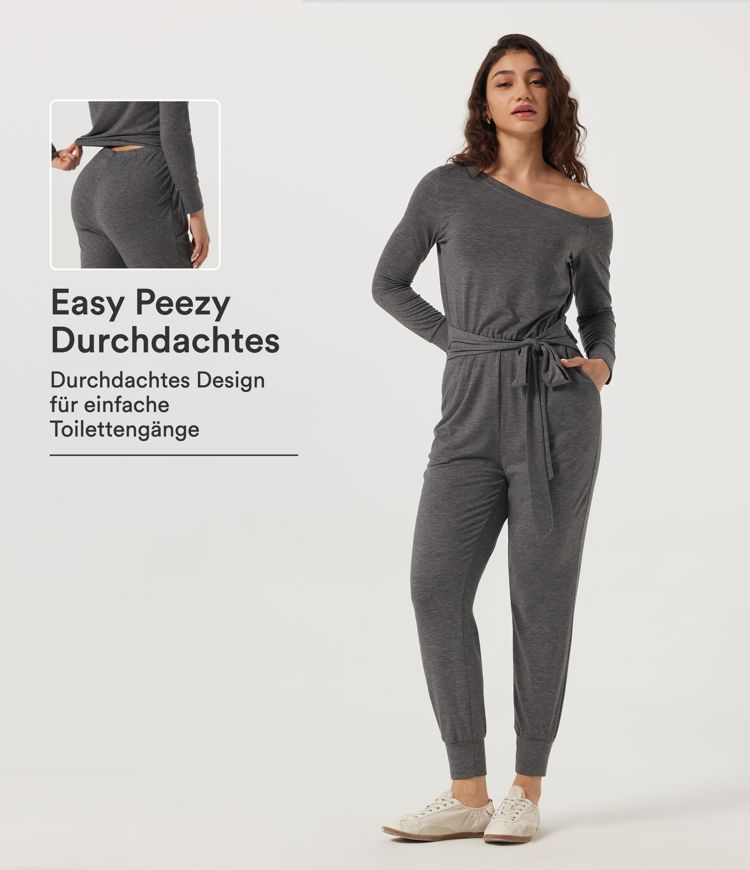 Darl Gray Floral Yarn Lässiger Jumpsuit mit Seitentaschen, langen Ärmeln, One-Shoulder-Design und Bindegürtel - Easy Peezy Edition / 1