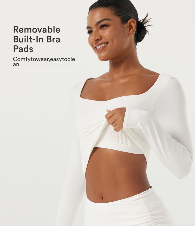 SoftlyZero™ Airy Sweetheart Neck Long Sleeve Contrast Lace Yoga Sports Top with Built-in Bra
