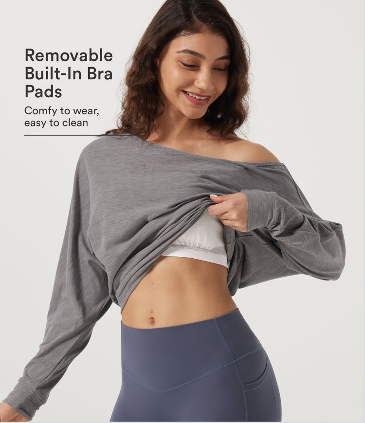 Mottled Earth Gray One Shoulder Batwing Long Sleeve Built-in Bra Yoga Sports Top / 1