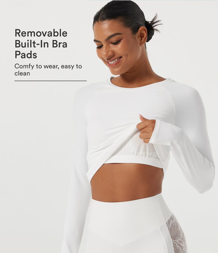 SoftlyZero™ Plüsch-Yoga-Sporttop mit Rundhalsausschnitt, Raglanärmeln, Kontrastspitze und integriertem BH