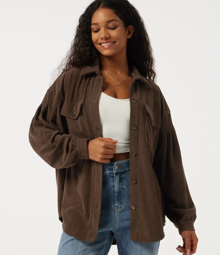 Collared Bishop Long Sleeve Corduroy Casual Jacket with Pocket
