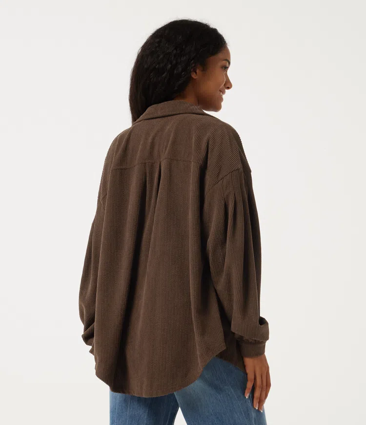 Brown Collared Bishop Long Sleeve Corduroy Casual Jacket with Pocket / 2