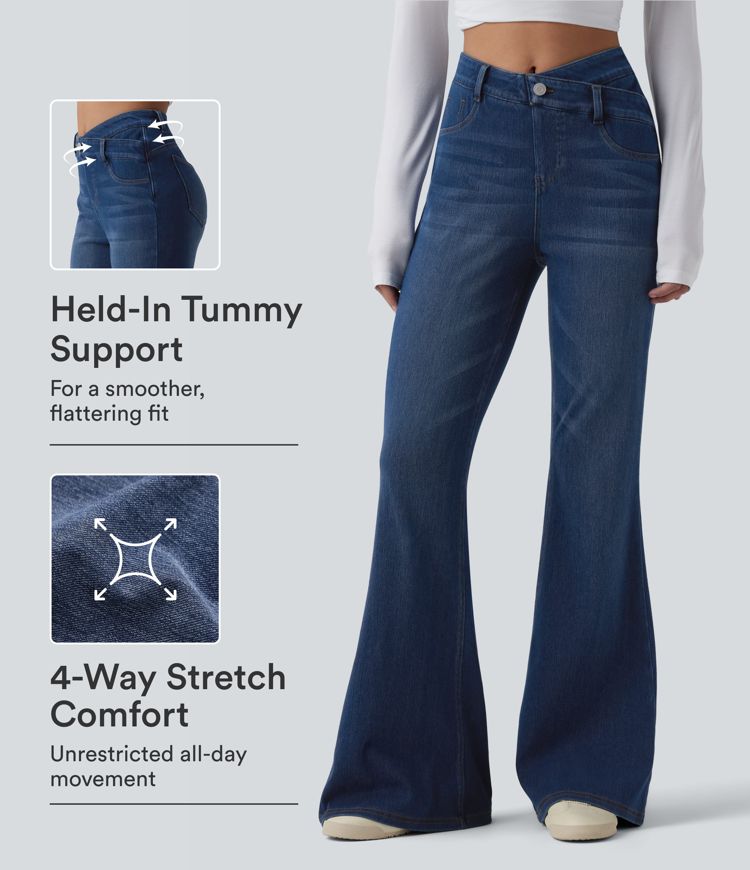 Halara Flex™ jean bootcut décontracté taille haute à coupe croisée, effet gainant pour le ventre, avec poches