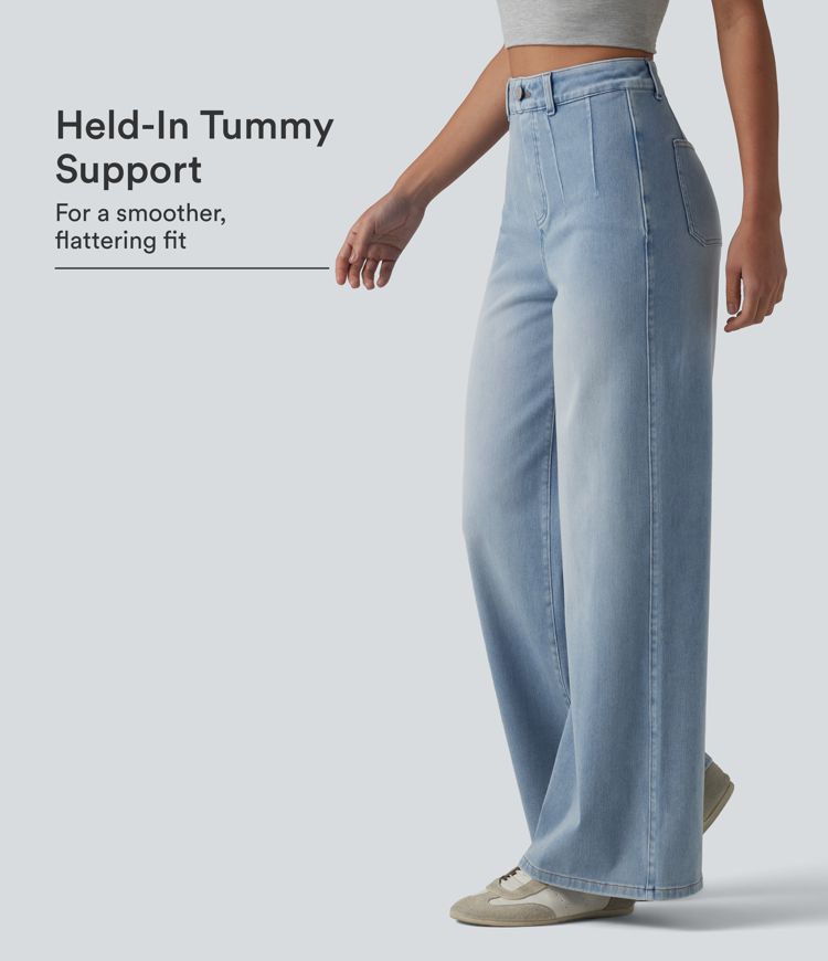 Halara Flex™ Jeans casual de tiro alto con control abdominal, pernera ancha y bolsillos