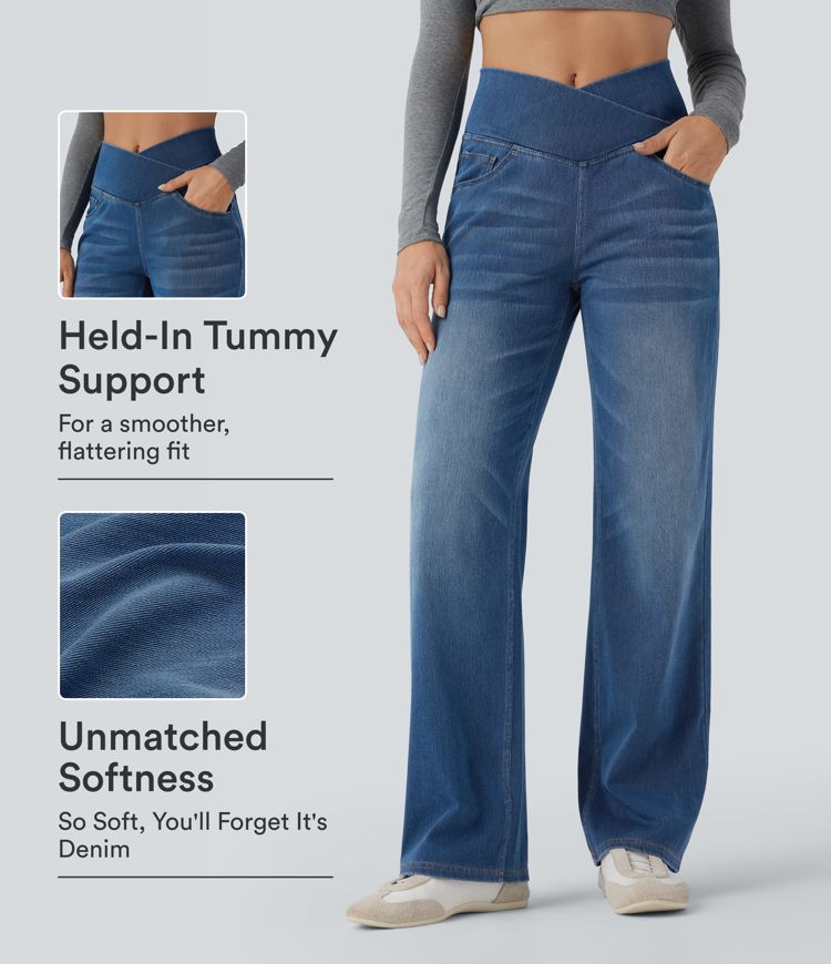 Halara Flex™ jean décontracté taille haute à pan croisé, effet gainant pour le ventre, coupe droite, avec poches