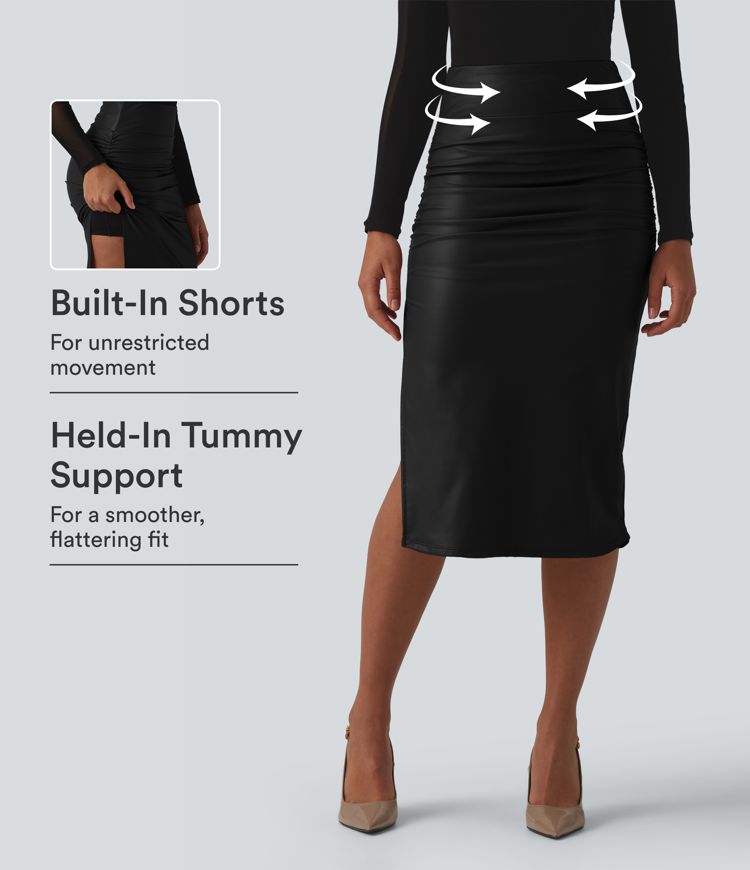High Waisted Tummy Control Ruched Curved Hem 2-in-1 Fleece PU Midi Casual Skirt