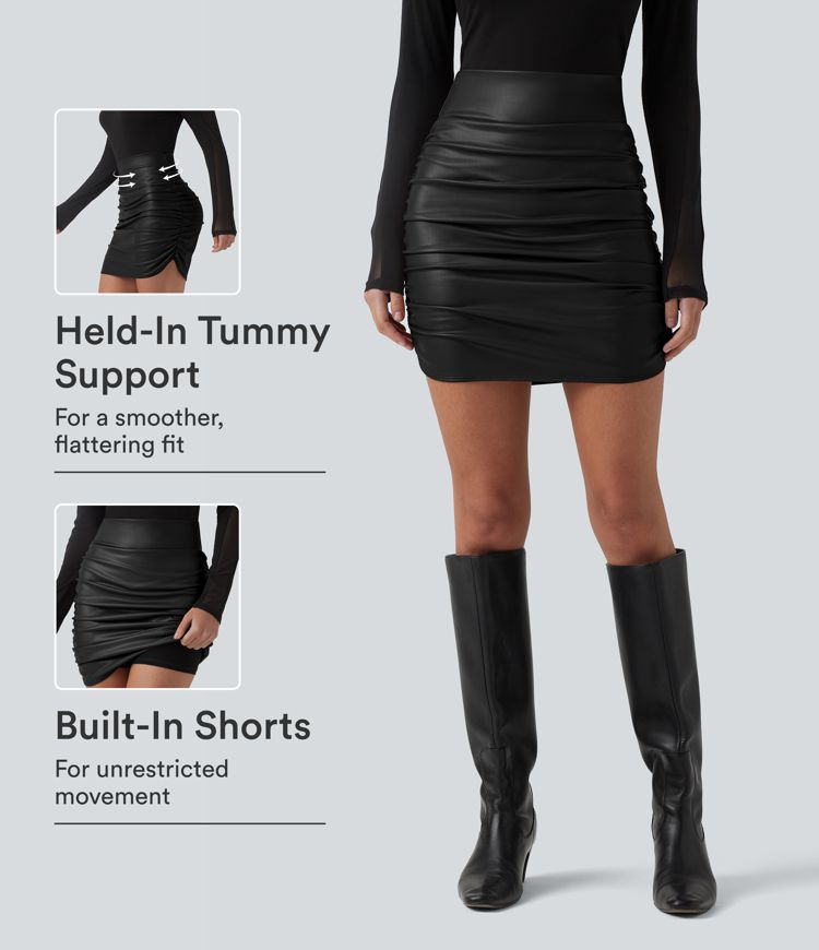 High Waisted Tummy Control Ruched Curved Hem 2-in-1 Fleece PU Mini Bodycon Party Skirt-Longer Length