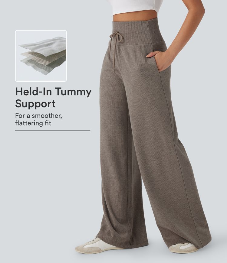 Ribbed Knit High Waisted Tummy Control Drawstring Casual Wide Leg Baggy Pants with Pockets