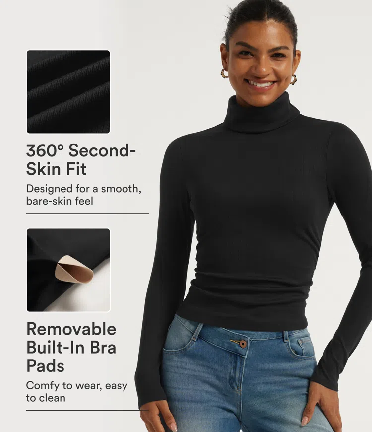 High Neck Long Sleeve Casual Top with Built-in Bra