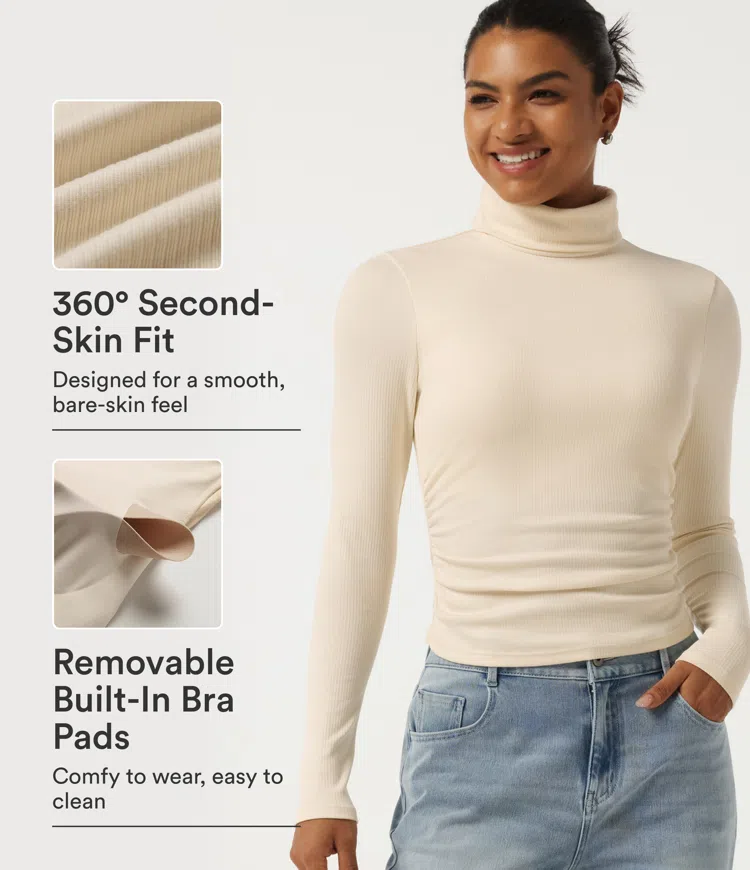 High Neck Long Sleeve Casual Top with Built-in Bra