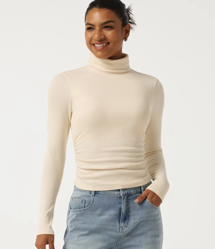 High Neck Long Sleeve Casual Top with Built-in Bra