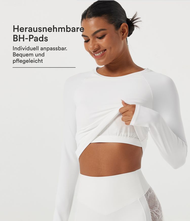 Softlyzero™ Plush - Yoga-Sport-Top mit Rundhalsausschnitt, langen Raglanärmeln, Kontrastspitze und integriertem BH