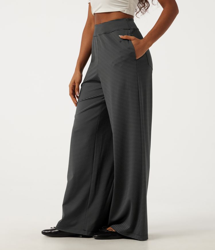 High Waisted Stripe Baggy Casual Pants with Pockets