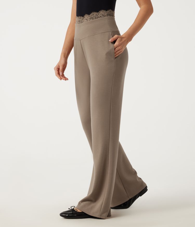 Mid Rise Wide Leg Contrast Lace Casual Pants with Pockets