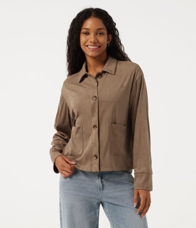Lapel Collar Long Sleeve Suede Casual Shacket with Pockets