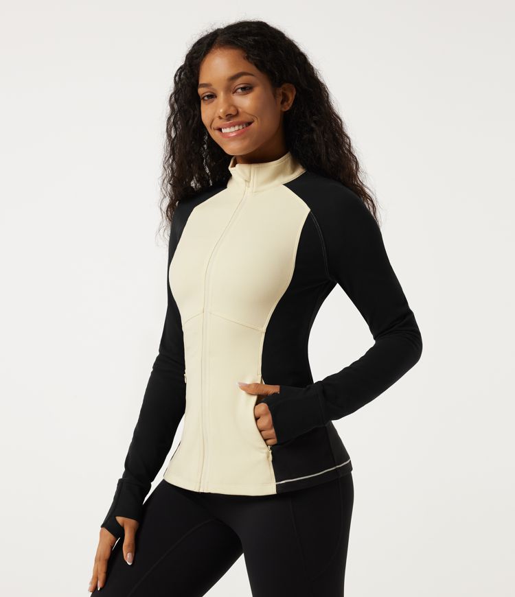 Mock Neck Long Sleeve Color Block Yoga Jacket with Pockets