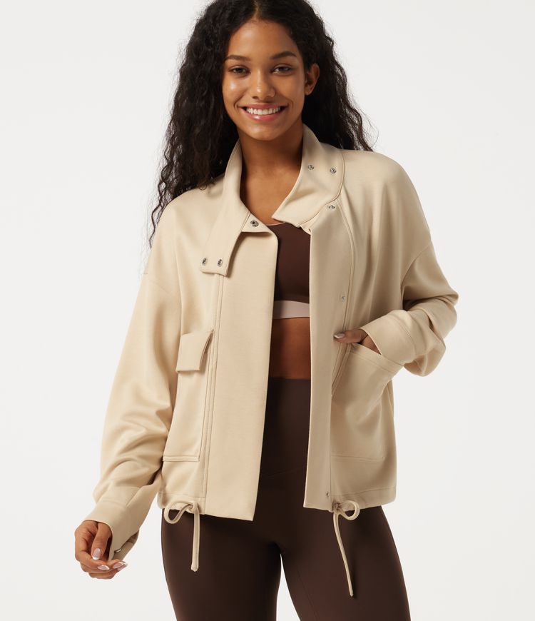 Stand Collar Long Sleeve Gathered Hem Casual Jacket with Pockets