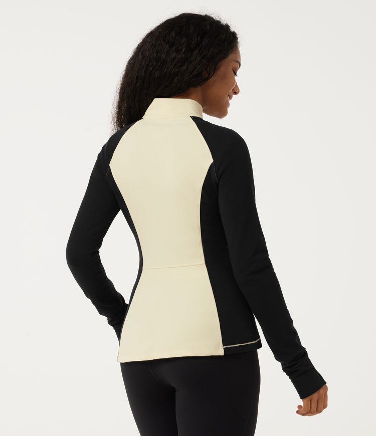 White Asparagus Mock Neck Long Sleeve Color Block Yoga Jacket with Pockets / 2