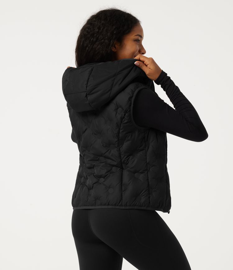 Black High Neck Removable Hood Sleeveless Casual Down Vest with Pockets / 2