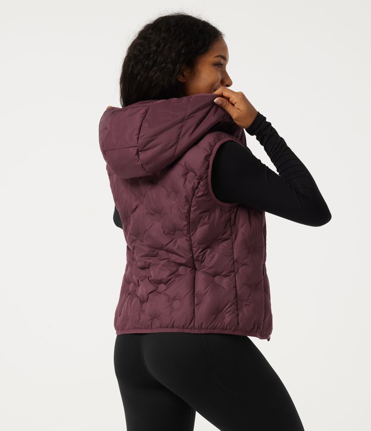 Berry Red High Neck Removable Hood Sleeveless Casual Down Vest with Pockets / 2