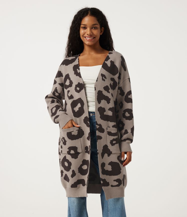 Long Sleeve Leopard Print Longline Casual Cardigan with Pockets