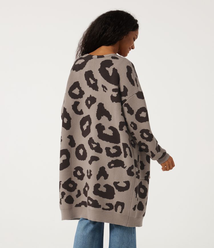 Sandy Noir Leopard Long Sleeve Leopard Print Longline Casual Cardigan with Pockets / 2