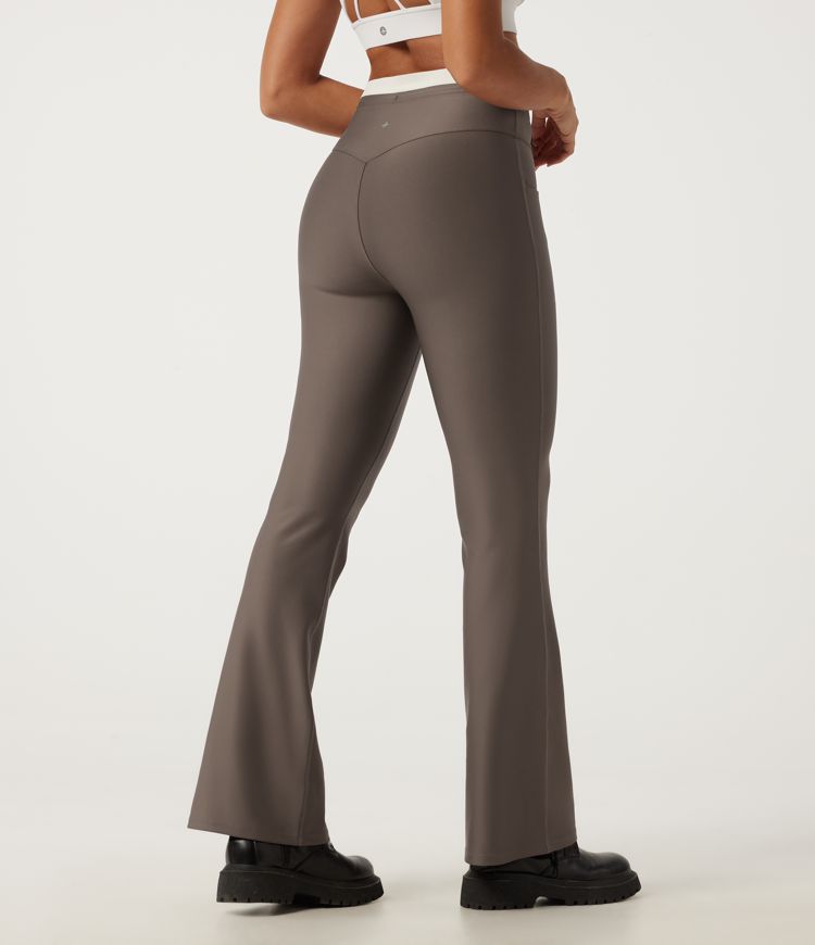 Hay Brown High Waisted Drawstring Bootcut Sheen Hiking Leggings with Pockets / 2