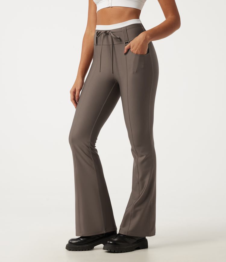 High Waisted Drawstring Bootcut Sheen Hiking Leggings with Pockets
