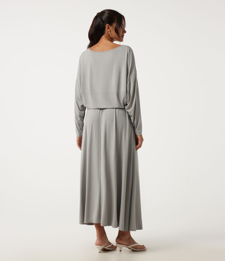 Dust Gray Off Shoulder Long Sleeve A-Line Casual Midi Dress with Pockets / 2