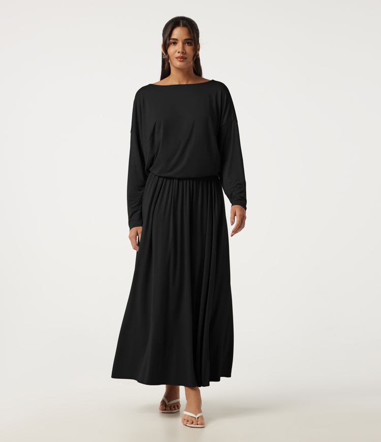 Off Shoulder Long Sleeve A-Line Casual Midi Dress with Pockets