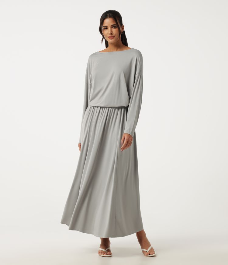 Off Shoulder Long Sleeve A-Line Casual Midi Dress with Pockets