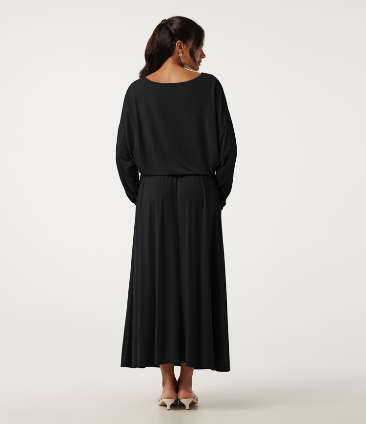 Negro Vestido midi casual de línea A con hombros descubiertos, mangas largas y bolsillos. / 2