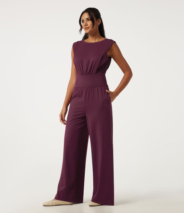 Round Neck Sleeveless Ruched Wide Leg Casual Jumpsuit with Pockets - Easy Peezy Edition