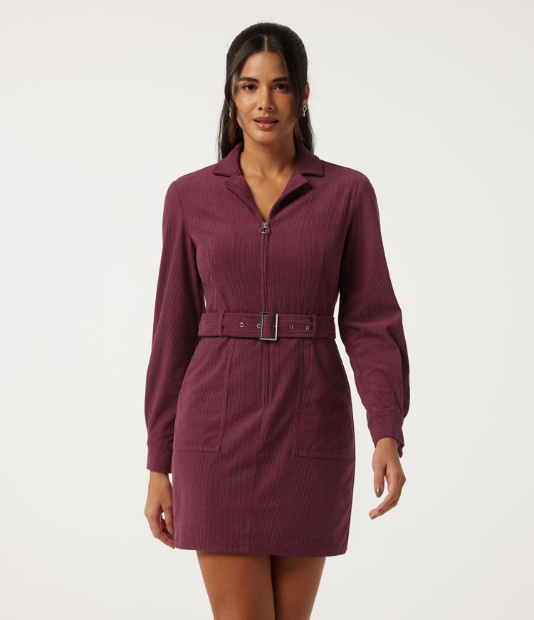 Lapel Collar Long Sleeve Belted A-Line Corduroy Casual Mini Dress with Pockets