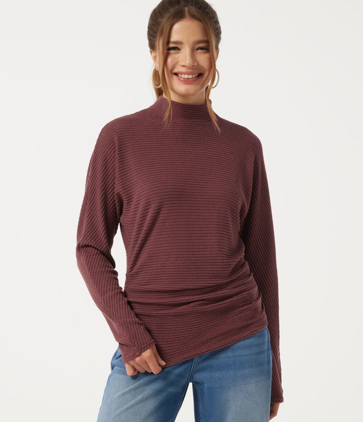 Ribbed Knit Mock Neck Batwing Long Sleeve Ruched Casual Top