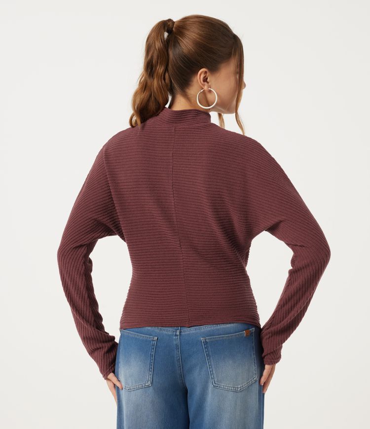 Cozy Burgundy Ribbed Knit Mock Neck Batwing Long Sleeve Ruched Casual Top / 2