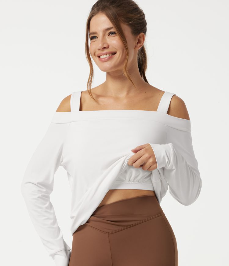Off Shoulder Built-in Bra Long Sleeve Yoga Sports Top 