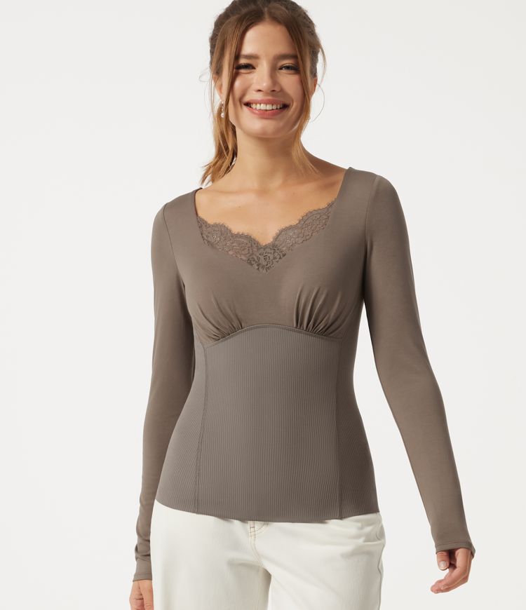 Dawn Brown Diamond Collar Long Sleeve Non-removable pad Contrast Lace Casual Top / 1