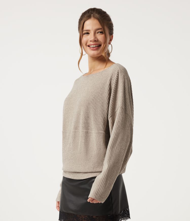 Cement Ribbed Boat Neck Long Sleeve Casual Top / 2