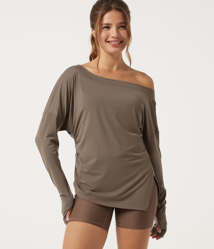 One Shoulder Long Sleeve Built-in Bra Quick Dry Yoga Sports Top with Thumbholes