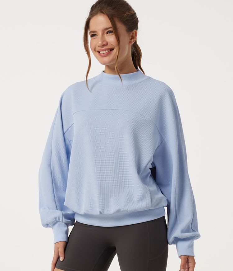 Mock Neck Batwing Long Sleeve Waffle Yoga Sports Top
